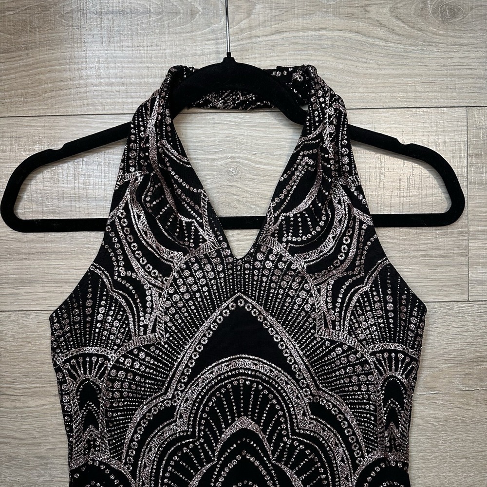 Jump Apparel Halter Dress Black & Rose‎ Gold Glitter Open Back Bodycon Women's M - Picture 6 of 10